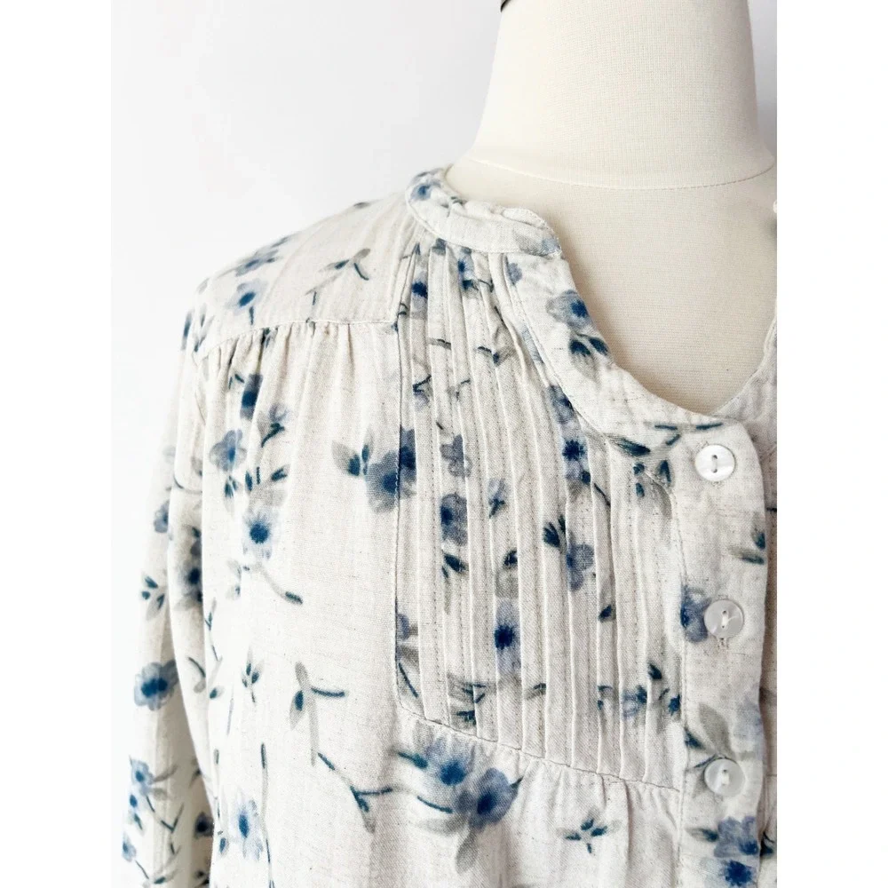 Vermont‎ Country Store Blouse Beige Blue Floral Linen Blend Pleated Plus 1X - Picture 2 of 6